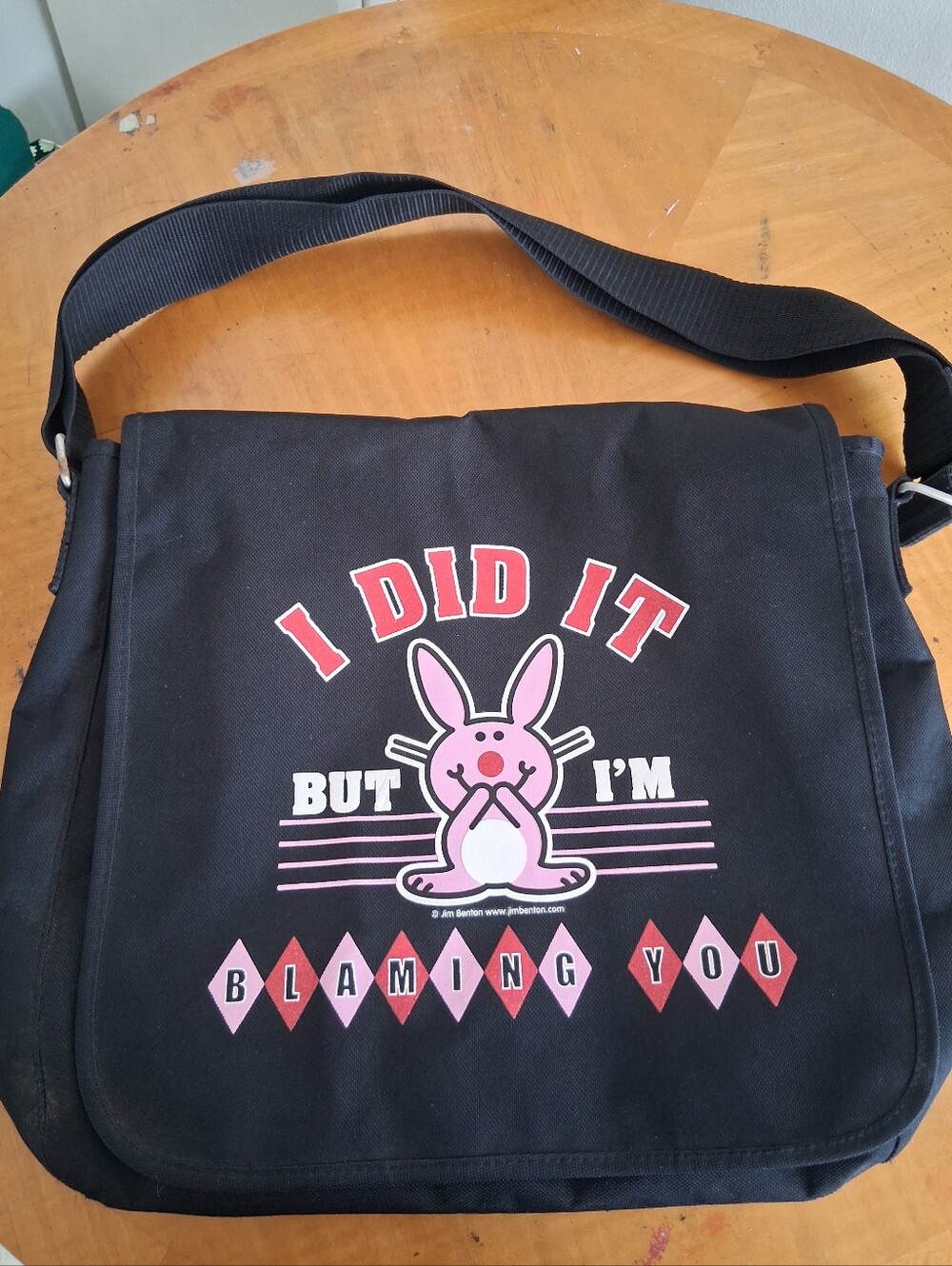 Black Messenger Bag with Happy Bunny Graphic - "I Did It But I'm Blaming You"